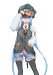  1girl black_legwear blue_eyes blue_hair denim fu-ta hand_in_pocket hat jeans long_hair looking_at_viewer necktie original pants simple_background solo thigh-highs tongue tongue_out torn_clothes torn_jeans twintails white_background 