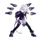  1boy add_(elsword) black_gloves black_shoes clenched_teeth elsword gloves grin hair_over_one_eye hwansang jacket male_focus messy_hair official_art pants shoes smile solo standing violet_eyes white_background white_hair 