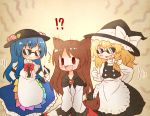  !? 3girls animal_ears apron arinu black_dress blonde_hair blue_hair bow braid brooch brown_hair dress food fruit grin hat hat_bow hinanawi_tenshi imaizumi_kagerou jewelry kirisame_marisa long_sleeves multiple_girls open_mouth peach puffy_short_sleeves puffy_sleeves shirt short_sleeves single_braid smile sunglasses surprised tail thumbs_up touhou waist_apron witch_hat wolf_ears wolf_tail 