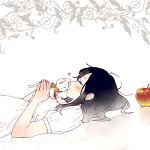  1girl apple black_hair cat closed_eyes dress food fruit kiss kitashirakawa_tamako long_hair lying momose_(oqo) tamako_market 