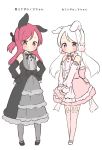  2girls :&lt; animal_ears blush bunny_hair_ornament detached_sleeves dress frilled_dress frills hair_ornament half_updo hands_on_hips multiple_girls original rabbit_ears red_eyes redhead sash simple_background standing thigh-highs twintails ususa70 violet_eyes white_background white_hair 