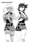  2girls bandana basketball basketball_uniform breast_hold breasts character_request cleavage dark_skin flying_sweatdrops freckles ge_xi greyscale heavy_breathing highres hot huge_breasts inconvenient_breasts leotard lowleg_shorts monochrome multiple_girls original running short_hair shorts side-by-side sideboob sportswear sweat sweating thigh-highs wristband 