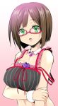  1girl blush breasts brown_hair detached_collar glasses green_eyes idolmaster idolmaster_cinderella_girls large_breasts looking_at_viewer maekawa_miku open_mouth red-framed_glasses sen_(astronomy) short_hair simple_background solo upper_body 
