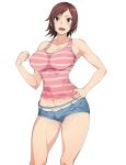  1girl absurdres belly_peek belt breasts brown_eyes brown_hair denim denim_shorts hand_on_hip highres kazama_asuka large_breasts namco shorts smile solo standing tank_top tekken tetsuo_(tetuo1129) 