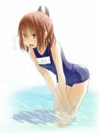  1girl brown_eyes brown_hair hands_on_knees headgear highres i-401_(kantai_collection) kantai_collection leaning_forward partially_submerged ponytail retsu_maru school_swimsuit swimsuit water wet 