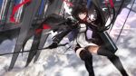  1girl black_hair cape gloves long_hair long_sleeves looking_at_viewer original pixiv_fantasia pixiv_fantasia_t red_eyes solo swd3e2 sword thigh-highs weapon 