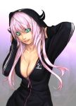  aqua_eyes breasts center_opening cleavage collarbone hood lips lipstick long_hair original pink_hair solo unzipped 