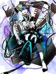  bad_id blue_eyes blue_hair detached_sleeves esukuni flower hatsune_miku headset highres instrument keyboard keyboard_(instrument) legs long_hair microphone necktie s_(torat) skirt smile solo thigh-highs thighhighs twintails very_long_hair vocaloid 