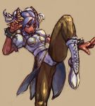  buns capcom china_dress chinese_clothes chun-li chun-li_(cosplay) cosplay crossover fighting_stance horns jewelry kick monster_girl open_mouth original pantyhose pointy_ears solo spiked_bracelet spikes street_fighter tom910 yellow_eyes 