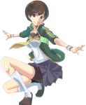  brown_hair kneehighs moto_kichi persona persona_4 satonaka_chie school_uniform short_hair simple_background skirt socks 