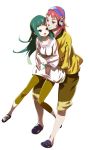  1girl blush couple green_hair headphones hug hug_from_behind long_hair mono sandals shadow_of_the_colossus tensugi_takashi wander 
