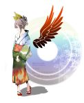  black_hair bow geta hair_bow highres japanese_clothes kimono red_eyes reiuji_utsuho touhou wings yae_(artist) yukata 
