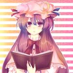  1girl book hat highres long_hair patchouli_knowledge purple_eyes purple_hair solo touhou uranaishi_(miraura) violet_eyes 