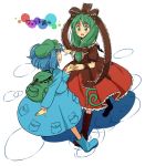  backpack bag blue_hair boots green_eyes green_hair hair_ribbon hand_holding hat holding_hands kagiyama_hina kannari kawashiro_nitori multiple_girls ribbon touhou 