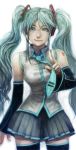  bare_shoulders detached_sleeves hatsune_miku lack necktie realistic solo thigh-highs thighhighs twintails v vocaloid zettai_ryouiki 