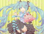  aqua_eyes aqua_hair bad_id birthday cake food gurumo hair_ornament hairclip hatsune_miku headphones headset long_hair mismatched_legwear necktie pastry single_glove skirt smile solo striped striped_legwear striped_thighhighs thigh-highs thighhighs twintails very_long_hair vocaloid zettai_ryouiki 