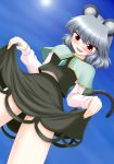  blush bococho brown_eyes dress_hold grey_hair mouse_ears mouse_tail nazrin skirt skirt_lift tail touhou 