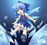 blue_eyes blue_hair bow cirno ice looking_at_viewer mary_janes open_mouth outstretched_arms pure_(artist) shoes short_hair smile spread_arms touhou wings 