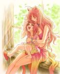 2girls barefoot bikini_top blush bracelet breasts brown_eyes cat_ears cat_tail child cleaning cleavage closed_eyes collar fangs feet hug hug_from_behind jewelry licking long_hair mother_and_daughter navel original red_hair redhead sandals shoe_dangle tail wanana