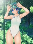  armpits asics bare_shoulders blue_eyes chainlink_fence competition_swimsuit fence goggles highres ishii_akira navel one-piece_swimsuit short_hair smile swimsuit 