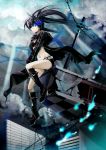  belt bikini_top black_hair black_rock_shooter black_rock_shooter_(character) blue_eyes blue_hair boots chain chains glowing glowing_eyes highres izk jacket long_hair midriff navel pale_skin shorts sitting solo sword twintails uneven_twintails very_long_hair weapon 
