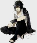  bad_id bandage bandages black_eyes black_hair male naruto sitting solo sumishuu uchiha_sasuke white_shirt 