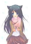  bad_id black_hair blue_eyes cat_ears fang highres juuya long_hair scarf skirt solo 