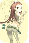  bare_shoulders belt bow brown_hair cool_&amp;_sexy_(idolmaster) earrings from_behind hands idolmaster jewelry long_hair looking_back minase_iori noripachi solo star 