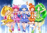  5girls aoki_reika armpits bike_shorts blonde_hair blue_bike_shorts blue_eyes blue_hair boots closed_eyes cure_beauty cure_happy cure_march cure_peace cure_sunny green_eyes green_hair hair_tubes head_wings hino_akane hoshizora_miyuki kise_yayoi long_hair magical_girl midorikawa_nao moon multiple_girls open_mouth orange_hair outstretched_hand pink_bike_shorts pink_hair ponytail precure red_bike_shorts ribbon shorts_under_skirt skirt sky smile_precure! star_(sky) starry_sky teal_bike_shorts thigh-highs tiara two-finger_salute v very_long_hair xing yellow_eyes 