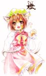  brown_eyes brown_hair cat_ears chen choco_(pixiv29111) colored_pencil colored_pencil_(medium) earrings fang hat heart highres jewelry multiple_tails paw_pose short_hair tail touhou traditional_media 