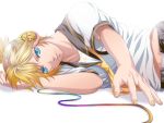  a=k blonde_hair blue_eyes foreshortening hands headphones kagamine_len lying male nail_polish necktie on_side short_hair simple_background solo vocaloid 