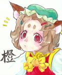  bad_id brown_hair cat_ears chen earrings eyebrows forehead hat jewelry short_hair shoukimaru touhou traditional_media watercolor watercolor_(medium) 