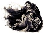  baroque_works breasts cigar cleavage cloak devil_fruit extra_arms fur hat hook hook_hand iduhara monochrome nico_robin one_piece pirate sand scar sepia simple_background sir_crocodile stitches white_background 