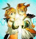  blue_eyes hair_ornament hair_ribbon hairclip hand_holding headphones hirococo hirococo_(hakka) holding_hands kagamine_len kagamine_rin midriff ribbon short_hair siblings smile twins vocaloid 