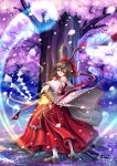  arched_back bow brown_hair cherry_blossoms detached_sleeves gohei hair_bow hair_ribbon hakurei_reimu hitodama japanese_clothes long_skirt looking_at_viewer magic mary_janes pantyhose red_eyes ribbon shoes solo tidsean touhou tree white_legwear wide_sleeves 