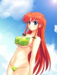  blue_eyes bottomless braid breasts hong_meiling large_breasts long_hair midriff navel red_hair redhead swimsuit takadoya touhou twin_braids 