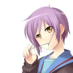  brown_eyes cardigan glasses hands holding holding_glasses nagato_yuki purple_hair school_uniform short_hair suzumiya_haruhi_no_yuuutsu 