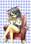  animal_ears armchair bare_legs barefoot bespectacled capelet checkered crossed_legs feet glasses grey_hair hair_ornament hairclip highres jewelry kehukoete legs mouse mouse_ears mouse_tail nazrin pendant red_eyes short_hair sitting solo star tail touhou 