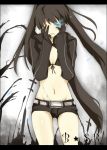  bangs belt bikini_top black_hair black_rock_shooter black_rock_shooter_(character) blue_eyes coat front-tie_top gloves glowing glowing_eyes hands_on_own_face hooded_jacket jacket long_hair midriff mono_(recall) navel scar short_shorts shorts solo star tears tree twintails uneven_twintails very_long_hair 