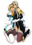  bare_shoulders boots gloves green_eyes grey_hair hairband high_heels holding_hands hug kazakami_yuu looking_at_viewer multiple_girls natalia_luzu_kimlasca_lanvaldear open_mouth pantyhose shoes short_hair simuka tales_of_(series) tales_of_the_abyss tear_grants thigh-highs thigh_boots thighhighs 