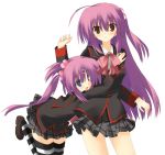  brown_eyes futaki_kanata hair_bobbles hair_ornament hug kuwajima_reon kuwashima_rein little_busters! little_busters!! long_hair plaid plaid_skirt purple_hair saigusa_haruka school_uniform side_ponytail skirt striped striped_legwear striped_thighhighs tartan thigh-highs thighhighs 