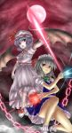  braid chain chains hat highres izayoi_sakuya knife lavender_hair moon polearm red_eyes red_moon remilia_scarlet short_hair silver_hair spear spear_the_gungnir takemori_shintarou touhou twin_braids weapon wings 