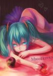  apple bad_id food fruit hatsune_miku holding holding_fruit lying pepa romeo_to_cinderella_(vocaloid) solo twintails vocaloid 