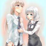  adjusting_necktie adjusting_tie apron blonde_hair blue_eyes eila_ilmatar_juutilainen green_eyes hiropon_pj long_hair multiple_girls necktie sanya_v_litvyak short_hair silver_hair strike_witches 