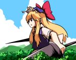  alice_margatroid blonde_hair doll dual_wielding epurasu forest giantess goliath_doll hairband lance long_hair nature object_on_head pointing pointing_forward polearm purple_eyes ribbon touhou tree violet_eyes weapon 