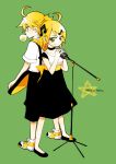  back-to-back back_to_back blonde_hair bubblegum dress green_eyes hair_ornament hairclip kagamine_len kagamine_rin microphone microphone_stand musical_note ninjin ninjin_(charat7) shoes short_hair shorts siblings smile twins vocaloid 