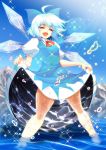  1girl blue_hair bow cirno closed_eyes dress hair_bow ice mountain open_mouth puffy_sleeves ribbon short_hair smile solo touhou warugaki_(sk-ii) water wet wings 