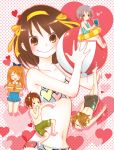  ball barefoot beachball bikini chibi feet heart koizumi_itsuki kyon moffunnyo nagato_yuki picnic_basket shorts smile suzumiya_haruhi suzumiya_haruhi_no_yuuutsu swimsuit 