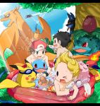  3boys agemono airplane bad_id black_hair blonde_hair blue_eyes brown_eyes brown_hair charizard doseisan goggles halberd_(airship) hat hose hoshi_no_kirby ivysaur jigglypuff kirby_(series) lucario lucas male_swimwear mother_(game) mother_2 mother_3 mr._saturn multiple_boys ness pikachu poke_ball pokemon pokemon_(creature) pokemon_(game) pokemon_rgby pokemon_trainer popsicle red_(pokemon) red_(pokemon)_(remake) red_eyes smile squirtle summer super_smash_bros. super_smash_bros_brawl swim_trunks swimsuit tail tail-tip_fire wading_pool water_gun wings wink 