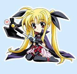  blonde_hair blush chibi fate_testarossa gloves heart jpeg_artifacts kanna_(plum) long_hair mahou_shoujo_lyrical_nanoha polishing red_eyes spoken_heart thighhighs twintails very_long_hair 